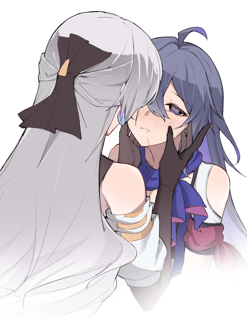 2girls absurdres after_kiss black_gloves black_ribbon blush bronya_rand gloves grey_hair hair_ribbon hands_on_another's_face highres honkai:_star_rail honkai_(series) long_hair looking_at_another multiple_girls parted_lips purple_eyes purple_hair purple_scarf ribbon saliva saliva_trail scarf seele_(honkai:_star_rail) simple_background sunny_day_9797 upper_body white_background yuri