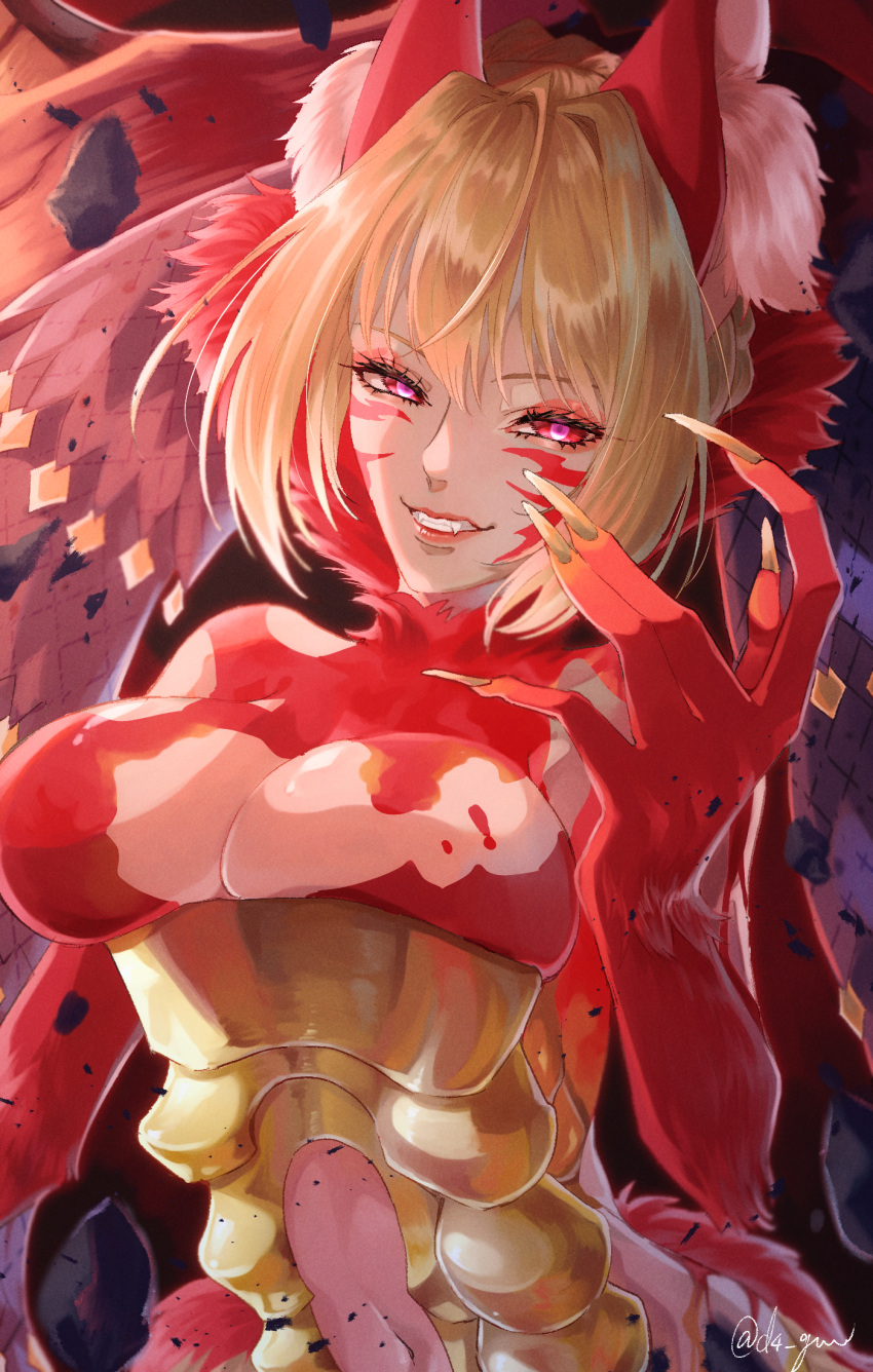 ahoge animal_ears bare_arms bare_shoulders blonde_hair breasts demon_girl evil_grin evil_smile fangs fate/grand_order fate/grand_order_arcade fate_(series) female fingernails fox_ears fox_girl gold_corset grin hair_intakes highres large_breasts looking_at_viewer nero_claudius_(fate) queen_draco_(beast_vi/s)_(fate) queen_draco_(fate) red_eyes smile yutsuki_(pixiv40202660)