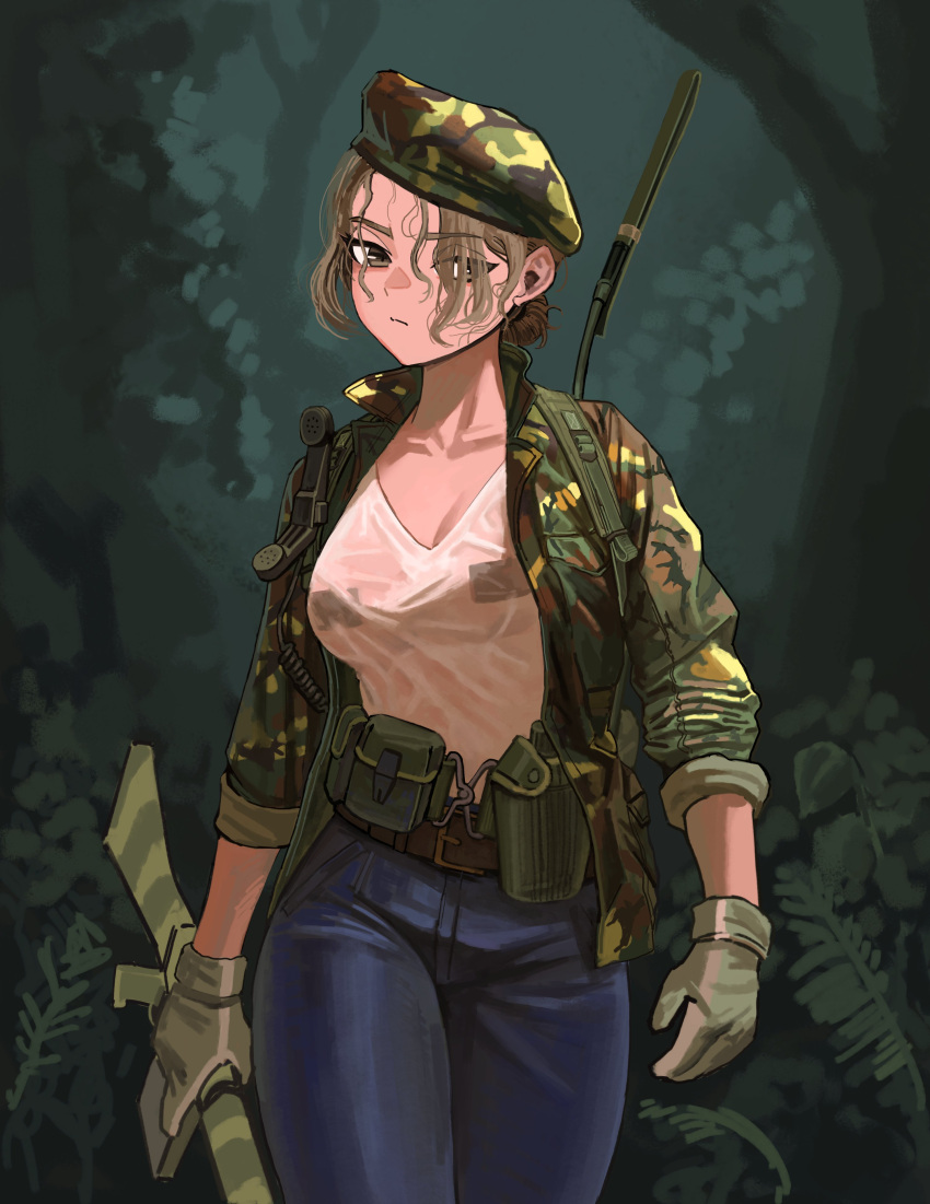 absurdres ammunition_pouch asymmetrical_bangs battle_rifle belt breasts brown_belt brown_eyes brown_hair cable camouflage camouflage_headwear canteen cleavage covered_nipples denim female fn_fal forest gloves green_background green_gloves gun hair_over_eyes highres holding holding_gun holding_weapon jacket jeans long_bangs long_sleeves medium_breasts messy_hair military military_uniform nature open_clothes open_jacket original pants parted_bangs phone pouch radio_antenna rifle see-through see-through_shirt shirt short_hair sidelocks sleeves_rolled_up soldat_(dndosld73832) soldier tactical_clothes uniform weapon white_shirt woodland_camouflage