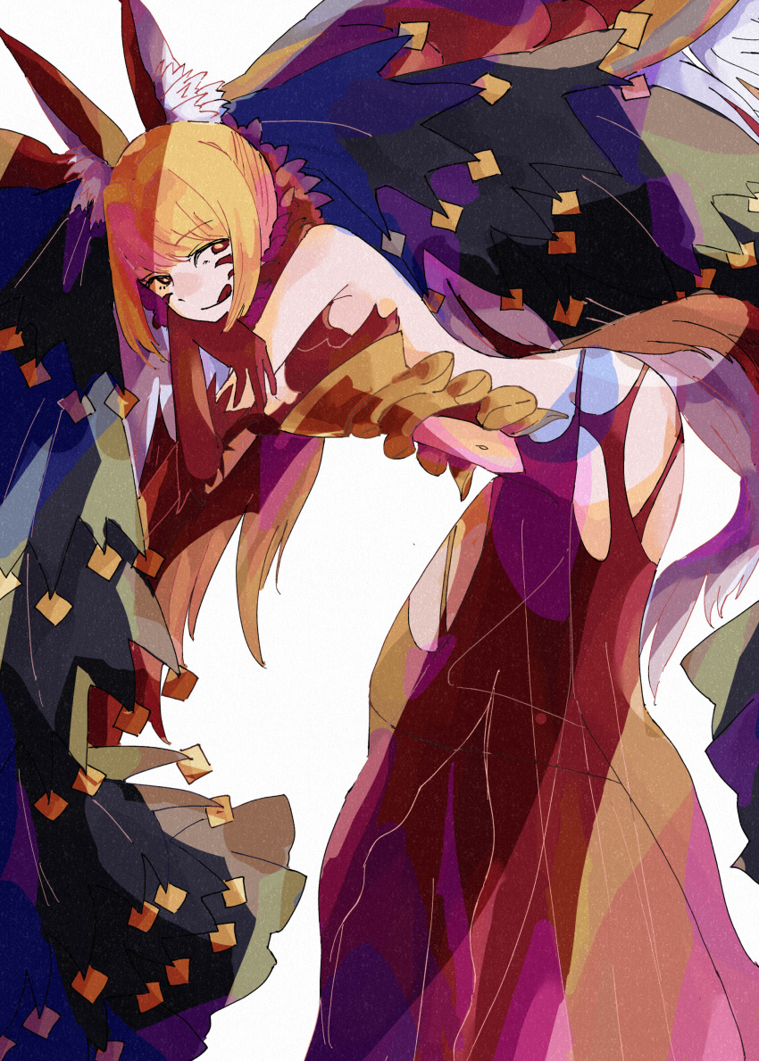 absurdres ahoge animal_ears bare_arms bare_legs bare_shoulders black-milk black_petals blonde_hair breasts colored_skin demon demon_girl fate/grand_order fate/grand_order_arcade fate_(series) female fingernails fox_ears fox_girl gold_corset hair_intakes highres nero_claudius_(fate) queen_draco_(beast_vi/s)_(fate) queen_draco_(fate) solo