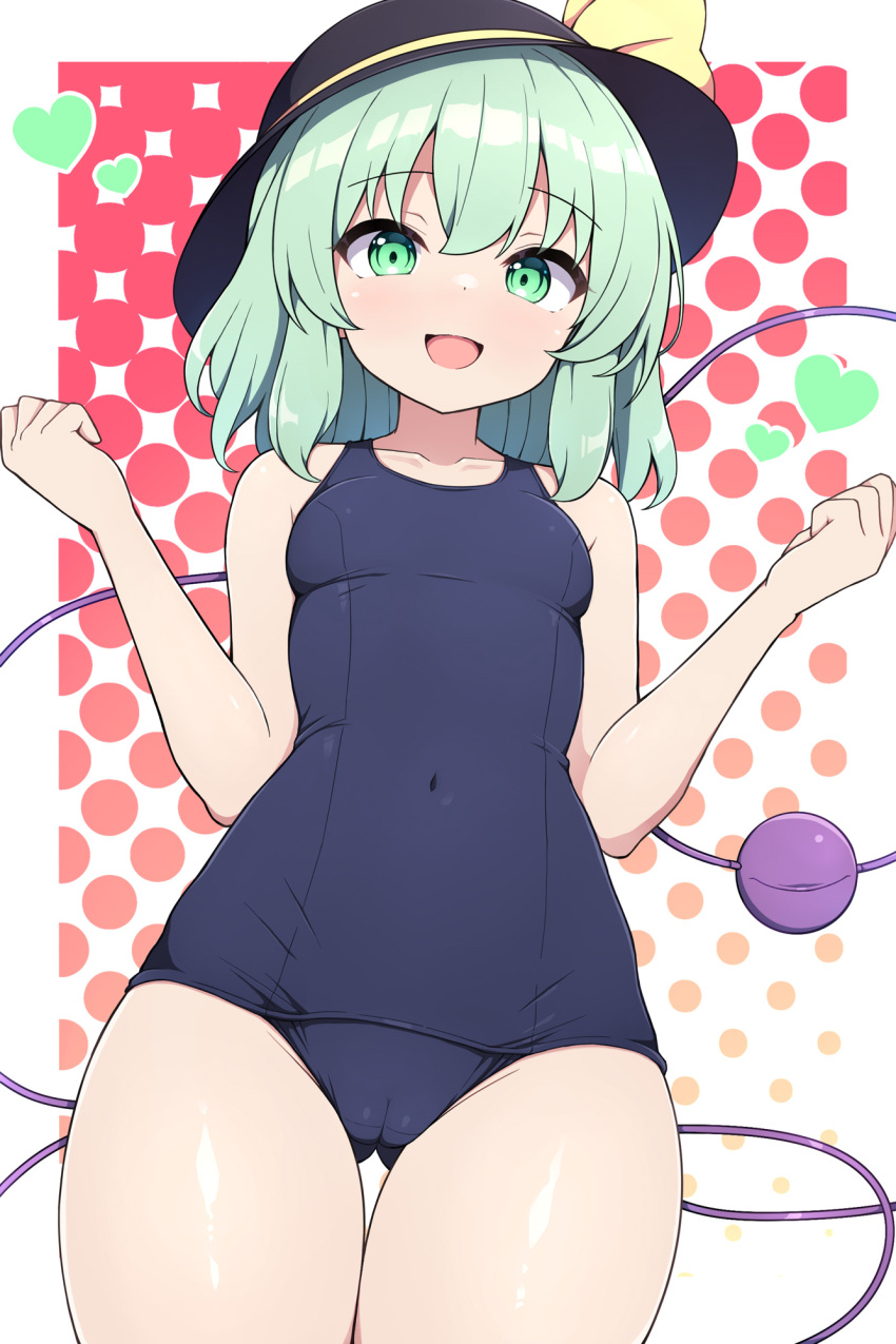 :d alternate_costume blue_one-piece_swimsuit commentary_request eyeball female gradient_background green_eyes green_hair highres komeiji_koishi one-piece_swimsuit open_mouth polka_dot polka_dot_background rizento school_swimsuit short_hair smile solo swimsuit third_eye touhou