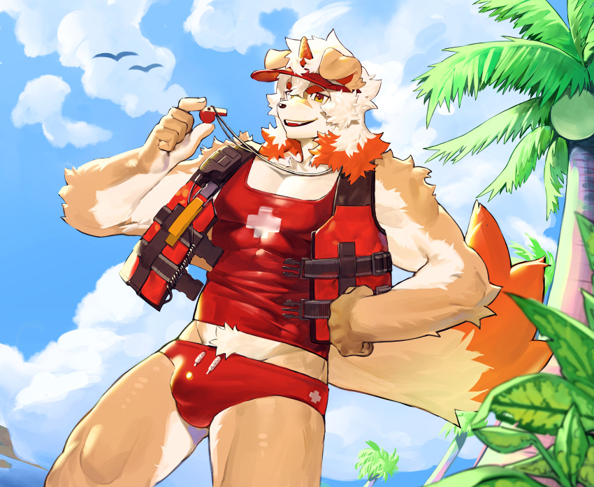 1boy absurdres animal_ears arknights bara baseball_cap beach brown_fur bulge dog_boy dog_ears feet_out_of_frame first_aid furry furry_male hat highres horns hung_(arknights) large_pectorals large_tail male_focus male_swimwear medium_hair midriff_peek multicolored_hair muscular muscular_male navel_hair orange_eyes orange_hair outdoors palm_tree pectoral_cleavage pectorals red_male_swimwear red_tank_top single_horn solo standing streaked_hair swim_briefs tail tank_top thick_eyebrows thick_thighs thighs tree two-tone_fur uza_(hellme) whistle whistle_around_neck white_fur white_hair