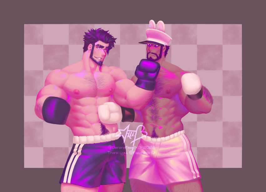 2boys abs animal_ears bara beard black_hair boxing_gloves cowboy_shot danny_(felixnosi) dark-skinned_male dark_skin facial_hair fake_animal_ears filia_(bananafilia) from_behind full_beard hairy highres large_pectorals male_focus mature_male multiple_boys muscular muscular_male navel navel_hair nipples original pectorals rabbit_ears short_hair smirk sparse_chest_hair stomach thick_navel_hair topless_male wrestler