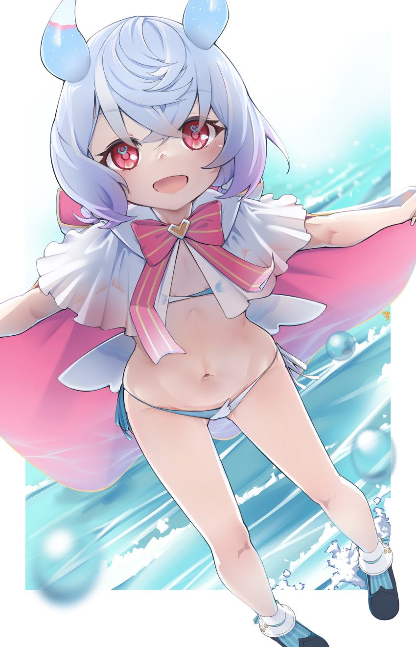 animal_ears bare_legs bikini black_footwear blue_bikini blue_hair bow bowtie bubble capelet female flat_chest genshin_impact gradient_hair hair_between_eyes heart highres keyfanjun looking_at_viewer low_twintails lowleg lowleg_bikini multicolored_hair outstretched_arms pink_hair red_bow red_bowtie red_eyes shoes sigewinne_(genshin_impact) smile solo swimsuit twintails water white_capelet