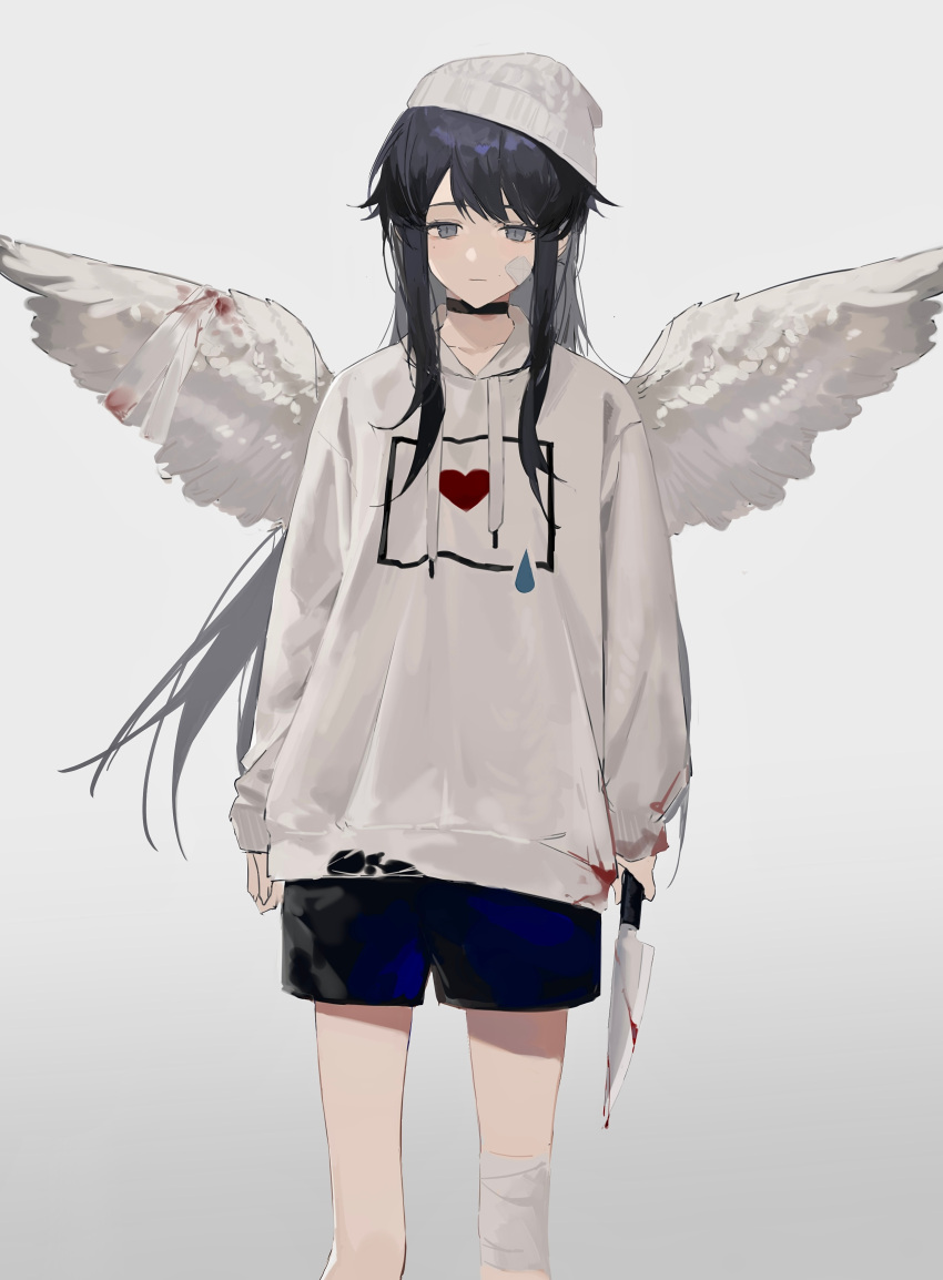 absurdres angel_wings arms_at_sides azure_silan bandaged_knees bandaged_wings bandages black_choker black_hair black_shorts blood blood_on_clothes blood_on_knife blood_on_sleeves bloody_wings choker closed_mouth collarbone cowboy_shot drawstring expressionless female gauze gauze_on_cheek grey_background grey_eyes grey_hat grey_hoodie grey_wings hat heart highres holding holding_knife holding_weapon hood hood_down hoodie kitchen_knife knife long_hair long_sleeves original shorts sidelocks solo standing staring weapon wings