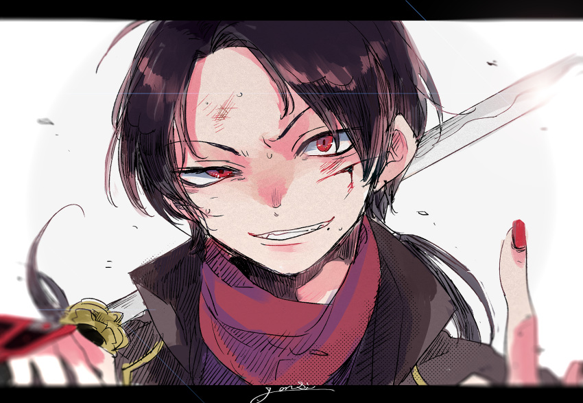 1boy atomic15 black_hair blood blood_on_face cuts evil_grin evil_smile grin highres holding holding_sword holding_weapon index_finger_raised injury kashuu_kiyomitsu letterboxed long_hair looking_at_viewer male_focus over_shoulder red_eyes red_nails red_scarf scarf signature smile solo sword sword_over_shoulder touken_ranbu upper_body weapon weapon_over_shoulder white_background