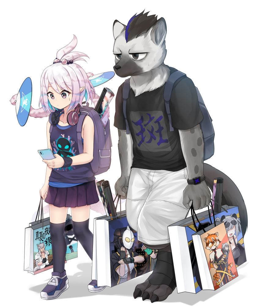 1boy absurdres animal_ears antenna_hair arknights backpack bag black_bag black_hair black_legwear black_shirt blue_hair caibao_return cameo cellphone chinese_commentary collarbone commentary digitigrade doctor_(arknights) feater_(arknights) female full_body furry furry_male grey_eyes grey_fur hand_fan headphones headphones_around_neck highres holding holding_bag holding_fan holding_phone hyena_boy hyena_ears hyena_tail jackie_(arknights) kafka_(arknights) kirara_(arknights) mohawk multicolored_hair phone pink_hair pointy_ears purple_bag purple_footwear purple_shirt purple_skirt shirt shoes shopping_bag short_hair shorts silverash_(arknights) simple_background skirt smartphone snout spot_(arknights) sweatdrop tentacle tentacle_hold thighhighs waai_fu_(arknights) walking watch white_background white_shorts wristwatch