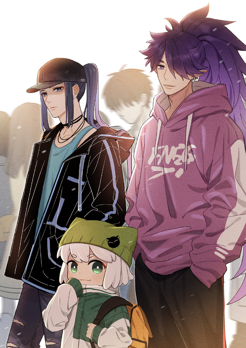 3boys aqua_tank_top artist_request backpack bag black_headwear black_jacket black_pants blue_eyes check_artist drawstring earrings fengxi_(the_legend_of_luoxiaohei) green_eyes green_headwear hair_over_one_eye hand_up hat highres hood hood_down hoodie jacket jewelry ji_chuan_liu lolicon long_hair luo_xiaohei luo_xiaohei_(human) luo_xiaohei_zhanji male_focus multiple_boys necklace pants pointy_ears ponytail purple_eyes purple_hoodie third-party_source very_long_hair wuxian_(the_legend_of_luoxiaohei) yellow_bag