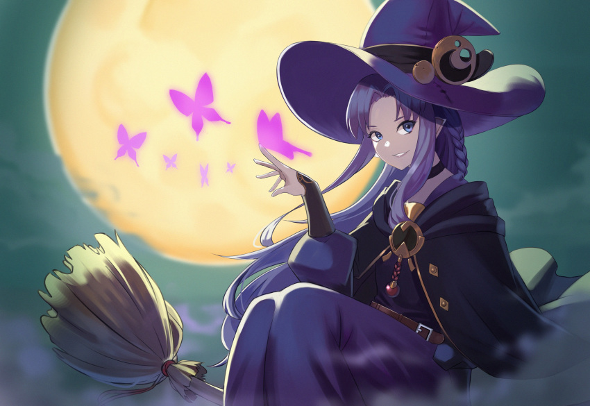 absurdres bad_id bad_twitter_id black_capelet blue_eyes blue_hair braid broom broom_riding bug butterfly capelet commission dress english_commentary fate/grand_order fate/stay_night fate_(series) female full_moon hat highres long_hair looking_at_viewer medea_(fate) moon pointy_ears purple_dress purple_hat side_braid sidesaddle solo very_long_hair witch_hat ziu