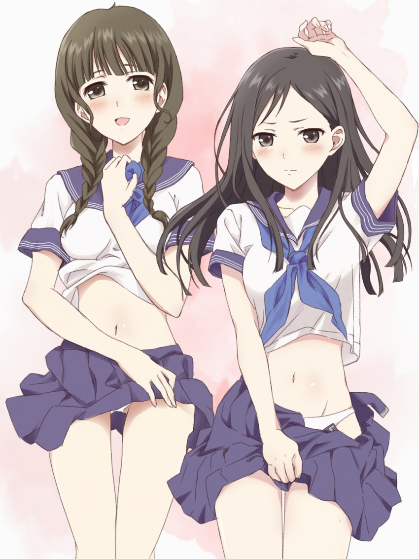 2girls :d arm_up bad_id bad_pixiv_id black_eyes black_hair black_skirt blue_neckerchief blush breasts brown_eyes brown_hair gangshangguang_(smjy5842) hanasaku_iroha hand_up highres kissuisou_uniform long_hair looking_at_viewer medium_breasts multiple_girls navel neckerchief oshimizu_nako panties pink_background school_uniform serafuku shirt short_sleeves skirt smile tsurugi_minko underwear undressing uniform white_panties white_shirt