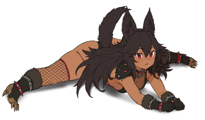 :3 animal_ears black_hair black_panties bra bracelet breasts cameltoe cerberus_(houtengeki) commentary dark-skinned_female dark_skin dog_ears female fishnet_thighhighs fishnets from_behind hair_spread_out houtengeki jewelry legs_apart looking_at_viewer lying on_stomach original panties red_eyes simple_background small_breasts solo spiked_bracelet spikes split straddle_split thighhighs underwear white_background