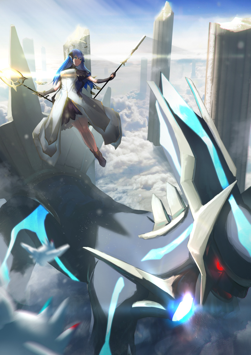 absurdres arknights bare_legs blue_hair blurry blurry_foreground broken_pillar cloud commentary crossover dialga dress dual_wielding female floating frilled_skirt frills full_body glowing glowing_eye gyoukan_(jfxc) hair_between_eyes halo highres holding horns long_hair mostima_(arknights) mostima_(spellbreaker)_(arknights) open_mouth pokemon pokemon_(creature) skirt sky togekiss white_dress