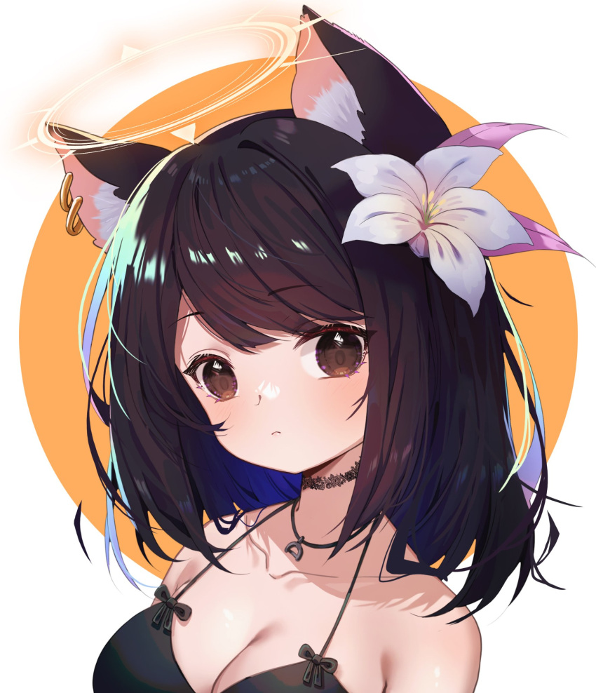 animal_ear_fluff animal_ears black_hair breasts brown_eyes cat_ears cat_girl character_request cleavage commission copyright_request daikazoku63 earrings expressionless female flower hair_flower hair_ornament halo highres jewelry large_breasts looking_at_viewer medium_hair portrait solo