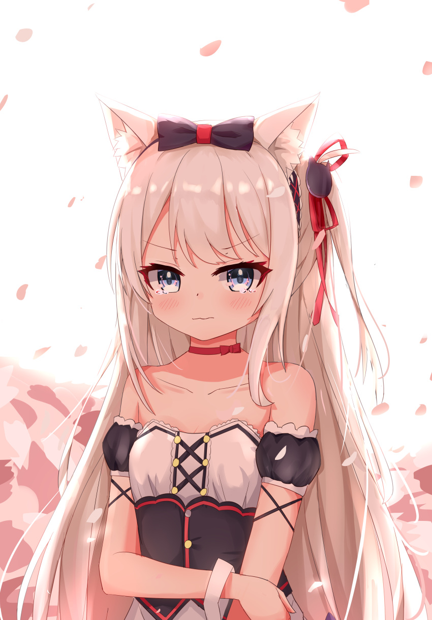 absurdres animal_ears azur_lane bare_shoulders bow bow_choker breasts cat_ears cat_hair_ornament choker cleavage collarbone commentary_request detached_sleeves female grey_eyes hair_ornament hair_ribbon hairbow hammann_(azur_lane) hammann_(retrofit)_(azur_lane) highres long_hair looking_at_viewer meng_mian one_side_up petals red_choker ribbon sidelocks simple_background small_breasts solo tears wavy_mouth white_background white_hair wrist_cuffs