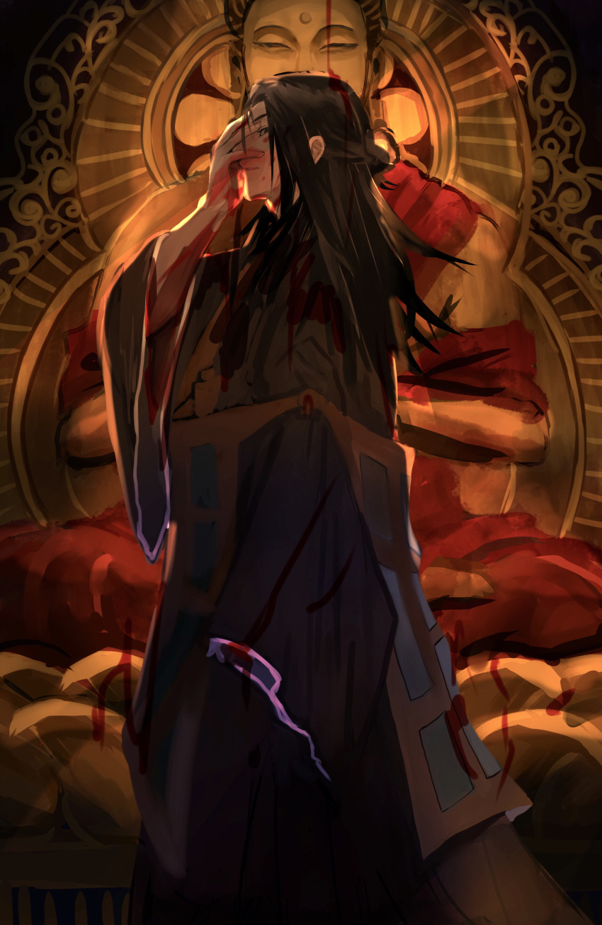 1boy absurdres arm_up black_eyes black_hair black_kimono blood blood_on_clothes blood_on_face blood_on_hands buddha buddhism covered_mouth facial_mark feet_out_of_frame forehead_mark getou_suguru hair_bun half-closed_eyes hand_on_own_face highres japanese_clothes jujutsu_kaisen kesa kimono long_hair long_sleeves looking_at_viewer lotus_pedestal lotus_position male_focus ogura_aoi sash single_hair_bun sitting solo standing statue tsurime wide_sleeves