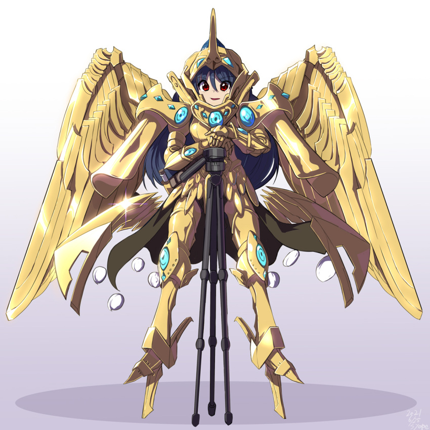 armor blue_hair female full_body geta gold_armor highres holding holding_tripod iizunamaru_megumu long_hair pointy_ears red_eyes saint_seiya shoulder_guard simple_background solo syope tengu tengu-geta touhou tripod