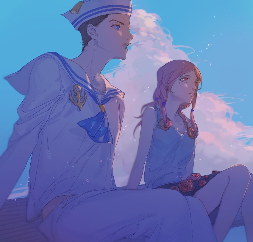 1boy black_hair blue_eyes dixie_cup_hat female flower_skirt hair_bobbles hair_ornament hat higashikata_josuke_(jojolion) hirose_yasuho jojo_no_kimyou_na_bouken jojolion midriff_peek military_hat mitus pink_hair red_eyes sailor sitting sky