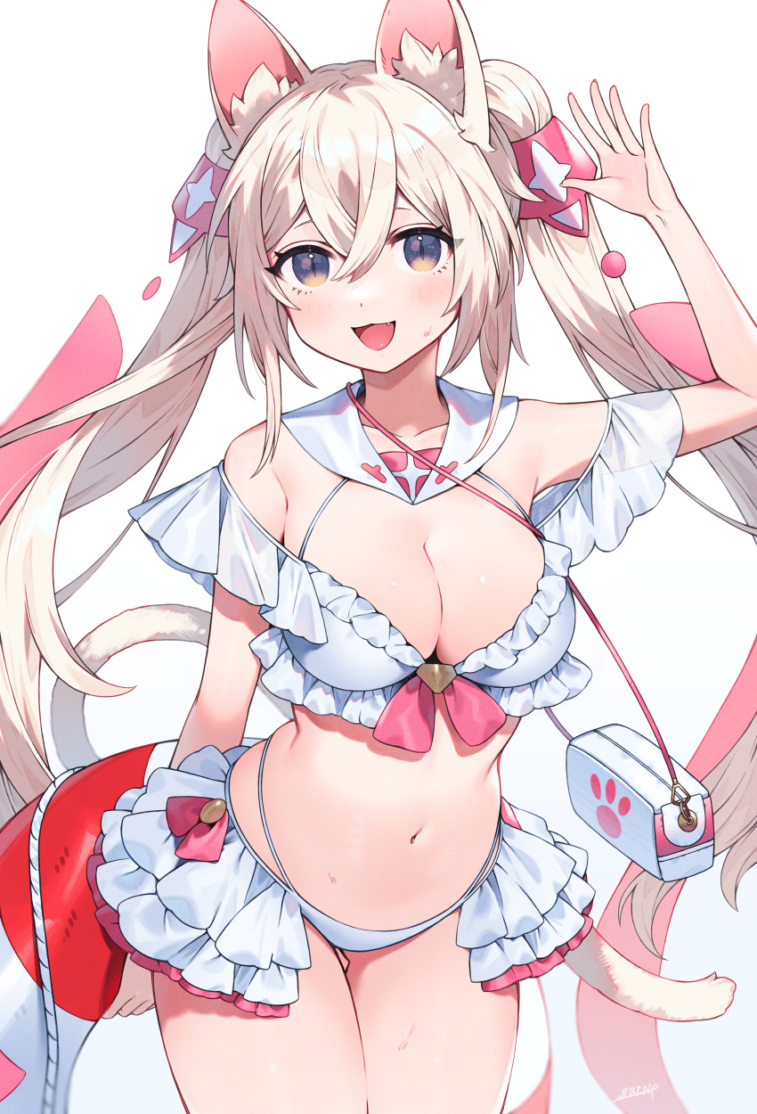 :d absurdres animal_ear_fluff animal_ears arm_up bag bare_shoulders bikini blonde_hair breasts cat_ears cat_girl cat_tail cleavage collarbone commentary_request female frilled_bikini frills grey_eyes hair_between_eyes highres holding lifebuoy long_hair looking_at_viewer medium_breasts navel pishika_(world_flipper) shibainu shoulder_bag simple_background slit_pupils smile solo swim_ring swimsuit tail twintails very_long_hair white_background white_bikini world_flipper