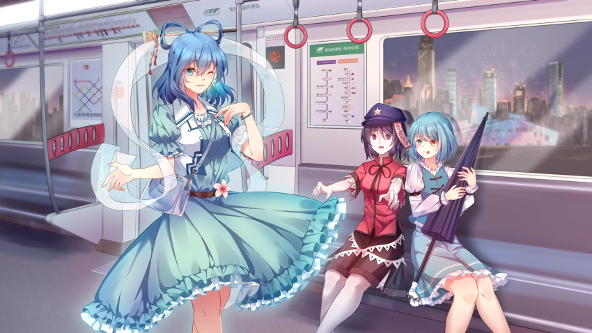 3girls :p ;) absurdres blue_dress blue_eyes blue_hair building cabbie_hat city dress feet_out_of_frame flower flower_request hagoromo hair_ornament hair_rings hair_stick hand_up hat hat_ornament heterochromia highres jiangshi kaku_seiga karakasa_obake light_smile long_hair looking_at_another looking_at_viewer minuo miyako_yoshika multiple_girls night night_sky ofuda one_eye_closed open_clothes open_vest outstretched_arms parted_lips petticoat puffy_short_sleeves puffy_sleeves red_eyes shawl short_sleeves sitting sky skyline smile star_(sky) star_(symbol) star_hat_ornament tatara_kogasa tongue tongue_out touhou train_interior umbrella vest white_flower white_vest zombie_pose