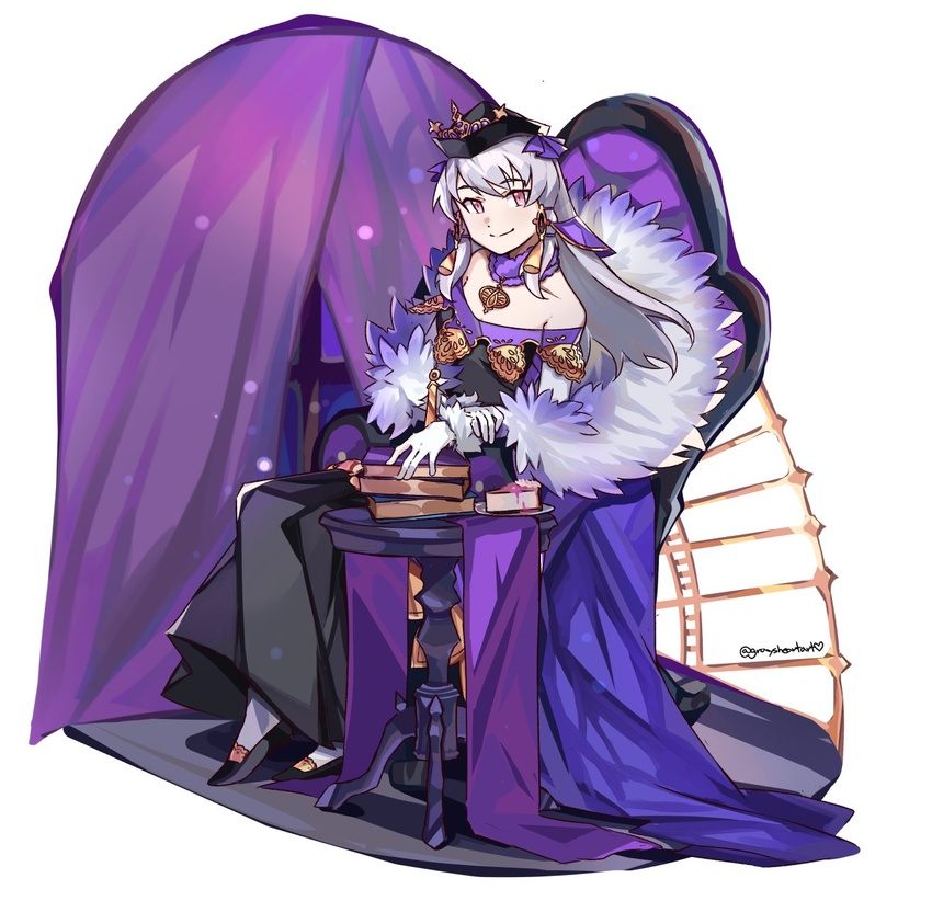 bare_shoulders black_dress black_footwear black_hat book cake cake_slice chair choker closed_mouth collarbone commentary curtains dress elbow_gloves english_commentary female fire_emblem fire_emblem:_three_houses fire_emblem_heroes food fur_trim gloves graysheartart hair_between_eyes hair_ornament hat highres jewelry long_hair looking_at_viewer low-tied_long_hair lysithea_von_ordelia lysithea_von_ordelia_(a_new_future) official_alternate_costume pantyhose pink_eyes shoes simple_background sitting smile solo strapless strapless_dress twitter_username veil white_background white_gloves white_hair white_pantyhose window