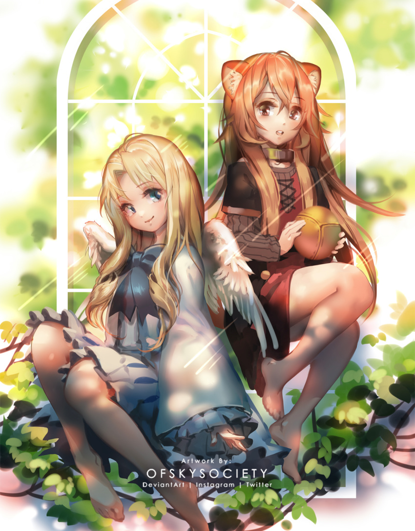 2girls ahoge alice_jing animal_ears ball barefoot bird_wings blonde_hair blue_eyes brown_eyes brown_hair brown_sweater closed_mouth dress feathered_wings filo_(tate_no_yuusha_no_nariagari) floating_hair hair_between_eyes hair_intakes highres holding holding_ball layered_sleeves lolicon long_hair long_sleeves looking_at_viewer medium_dress multiple_girls open_mouth raccoon_ears raccoon_girl raccoon_tail raphtalia red_dress ribbed_sweater short_dress short_over_long_sleeves short_sleeves smile sweater tail tate_no_yuusha_no_nariagari very_long_hair white_dress white_wings wings