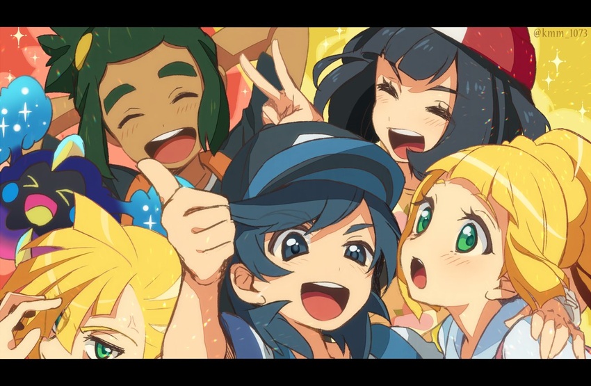 2girls 3boys artist_name baseball_cap beanie black_hair blonde_hair blush commentary cosmog dark-skinned_male dark_skin elio_(pokemon) eyelashes gladion_(pokemon) green_eyes green_hair hand_on_another's_shoulder hand_up hat hau_(pokemon) lillie_(pokemon) long_hair multiple_boys multiple_girls open_mouth pokemon pokemon_(creature) pokemon_sm protected_link selene_(pokemon) smile sparkle swept_bangs symbol-only_commentary teeth thumbs_up tongue v watermark yuuna_minato