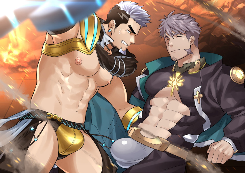 2boys abs abs_cutout bara bare_pectorals black_hair black_shirt bulge cleavage_cutout clothing_cutout commission couple crotchless crotchless_pants earrings facial_hair goatee green_eyes gyee highres jewelry kienbiu large_pectorals long_sideburns male_focus multicolored_hair multiple_boys muscular muscular_male navel nipples pants pectorals purple_hair revealing_clothes second-party_source shirt short_hair shrug_(clothing) sideburns skin_tight spread_legs su_(gyee) thick_thighs thigh_cutout thighs two-tone_hair yan_(gyee) yaoi