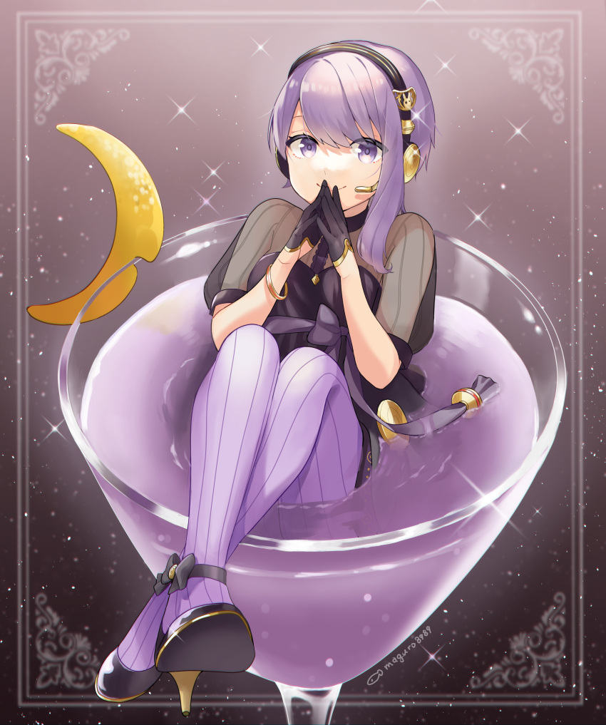 absurdres binchou_maguro black_dress black_gloves bracelet cevio cocktail_glass commentary covering_own_mouth crescent_moon cup dress drinking_glass female glass gloves half_gloves headphones high_heels highres jewelry legs_up looking_at_viewer moon night night_sky own_hands_together pantyhose purple_eyes purple_hair purple_liquid purple_pantyhose see-through see-through_dress short_hair short_sleeves single_sidelock sitting sky smile solo sparkle star_(sky) starry_background steepled_fingers vocaloid voiceroid yuzuki_yukari yuzuki_yukari_(rei)