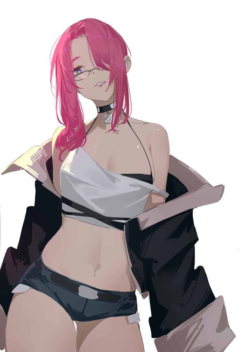 absurdres ass_visible_through_thighs bad_id bad_pixiv_id bare_shoulders belt blue_eyes breasts choker cleavage collarbone commentary crop_top female hair_over_one_eye halterneck head_tilt highres huang_(volt0526) jacket long_hair midriff navel off_shoulder original pink_hair short_shorts shorts solo thigh_gap white_background