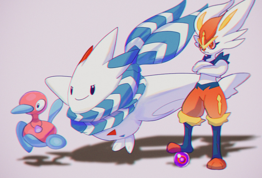 1other absurdres bad_id bad_twitter_id black_eyes choice_scarf chromatic_aberration cinderace closed_mouth commentary_request crossed_arms eviolite furry highres life_orb light_frown pokemon pokemon_(creature) porygon2 red_eyes saiku_(zvlku) smile standing toes togekiss