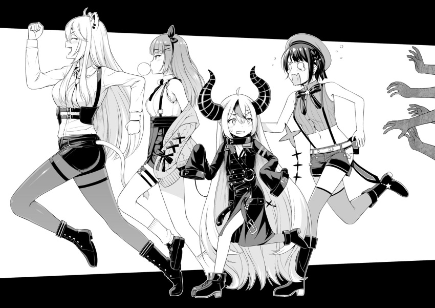 4girls :d animal_ear_fluff animal_ears bare_arms bare_shoulders belt beret blowing_bubbles boots chewing_gum collar commentary fleeing from_side greyscale hair_between_eyes hair_ornament hairclip hands hat heart_o-ring highres hololive horns jirai_kei la+_darknesss la+_darknesss_(1st_costume) lion_ears lion_girl lion_tail long_hair long_sleeves looking_back metal_collar midriff monochrome multiple_girls navel noise_(tsuzuki) o-ring o-ring_thigh_strap o_o oerba_yun_fang off_shoulder official_alternate_costume oozora_subaru oozora_subaru_(work) open_mouth pantyhose pointy_ears rectangular_mouth running scared shirt shishiro_botan shishiro_botan_(button-down) short_hair short_shorts shorts sleeveless sleeveless_shirt sleeves_past_fingers sleeves_past_wrists smile socks suspenders tail thigh_strap thighhighs tokoyami_towa tokoyami_towa_(jirai_kei) very_long_hair very_long_sleeves virtual_youtuber