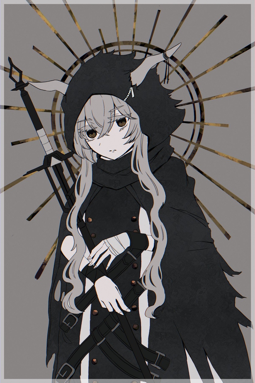 arknights black_cloak breasts brown_eyes cloak commentary_request demon_horns female grey_background grey_hair hair_between_eyes highres holding holding_staff hood hooded_cloak horns long_hair looking_at_viewer medium_breasts shining_(arknights) solo someyaya staff upper_body