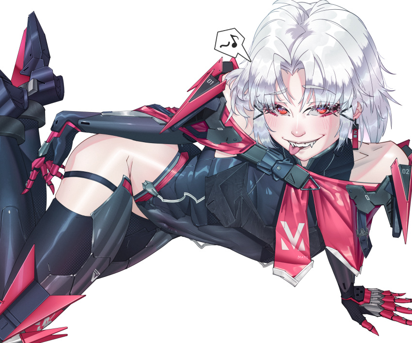 absurdres armor bare_shoulders black_leotard breasts drake_(nikke) earrings female gloves goddess_of_victory:_nikke hair_ornament highres jewelry leotard looking_at_viewer open_mouth patricius_carnage red_eyes short_hair simple_background smile solo tongue tongue_out white_hair