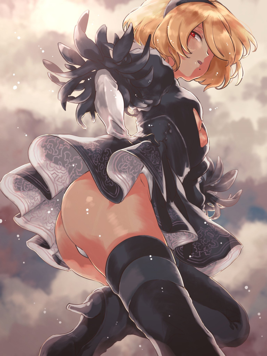 2b_(nier:automata) 2b_(nier:automata)_(cosplay) :o ass black_dress black_footwear black_hairband blonde_hair boots cleavage_cutout clothing_cutout cloud cloudy_sky commentary cosplay dark-skinned_female dark_skin dress female foot_out_of_frame gravity_daze gravity_daze_2 hair_over_one_eye hairband highres kitten_(gravity_daze) leg_up light_blush looking_back mole mole_under_eye no31990 official_alternate_costume official_alternate_hairstyle panties pantyshot parted_lips short_hair sky symbol-only_commentary thigh_boots underwear