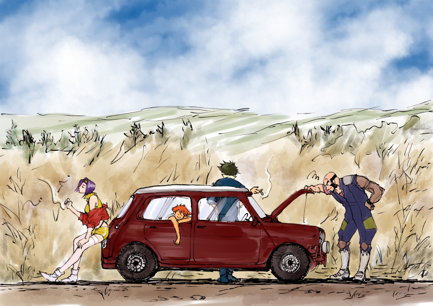 2boys 2girls absurdres bald bare_shoulders beard black_hair black_jumpsuit blue_jacket blue_pants blue_sky broken canine car cigarette cloud cloudy_sky collared_shirt commentary cowboy_bebop dark-skinned_female dark_skin day dirt_road edward_wong_hau_pepelu_tivrusky_iv ein_(cowboy_bebop) facial_hair faye_valentine field from_side full_body hairband highres hill holding holding_cigarette hood hood_up jacket jet_black jumpsuit leaning_against_vehicle mechanical_arms mini_cooper motor_vehicle multiple_boys multiple_girls nap off_shoulder outdoors pants pink_thighhighs popped_collar prosthesis prosthetic_arm purple_hair red_car red_hair red_sweater road scribble shirt short_shorts shorts single_mechanical_arm sky sleeping smoke smoking spike_spiegel spiked_hair standing suit_jacket sweater thighhighs tied_sweater tobalin welsh_corgi white_footwear white_shirt yellow_hairband yellow_shirt yellow_shorts