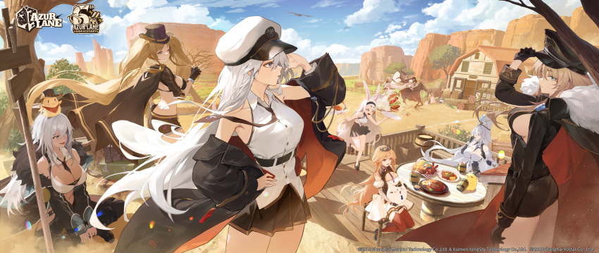 6+girls :d ;d absurdres animal_ears ass azur_lane between_breasts bikini bismarck_(azur_lane) black_bikini black_cape black_coat black_dress black_gloves black_hairband black_necktie black_shorts black_skirt blonde_hair blue_eyes blush breasts brown_hair cape cleavage cleavage_cutout closed_eyes clothing_cutout coat collared_shirt copyright_name cowboy_hat crown dark-skinned_female dark_skin day dress enterprise_(azur_lane) expressionless fingerless_gloves full_body fur-trimmed_coat fur_trim gloves green_eyes grin hair_between_eyes hairband hand_on_own_hip happy harbin_(azur_lane) hat high_heels highres hip_focus hornet_(azur_lane) horseback_riding illustrious_(azur_lane) incredibly_absurdres indiana_(azur_lane) kawa683 kersaint_(azur_lane) large_breasts long_hair manjuu_(azur_lane) medium_breasts meowfficer_(azur_lane) messy_hair midriff miniskirt multiple_girls necktie necktie_between_breasts one_eye_closed open_clothes open_coat outdoors pleated_skirt purple_eyes rabbit_ears rabbit_girl richelieu_(azur_lane) riding shimakaze_(azur_lane) shirt short_shorts shorts shrug_(clothing) sideboob skirt sleeveless sleeveless_shirt small_breasts smile sovetsky_soyuz_(azur_lane) squatting sun_hat swimsuit thighhighs thighs tripping twintails v_arms very_long_hair white_dress white_hair white_shirt yellow_eyes