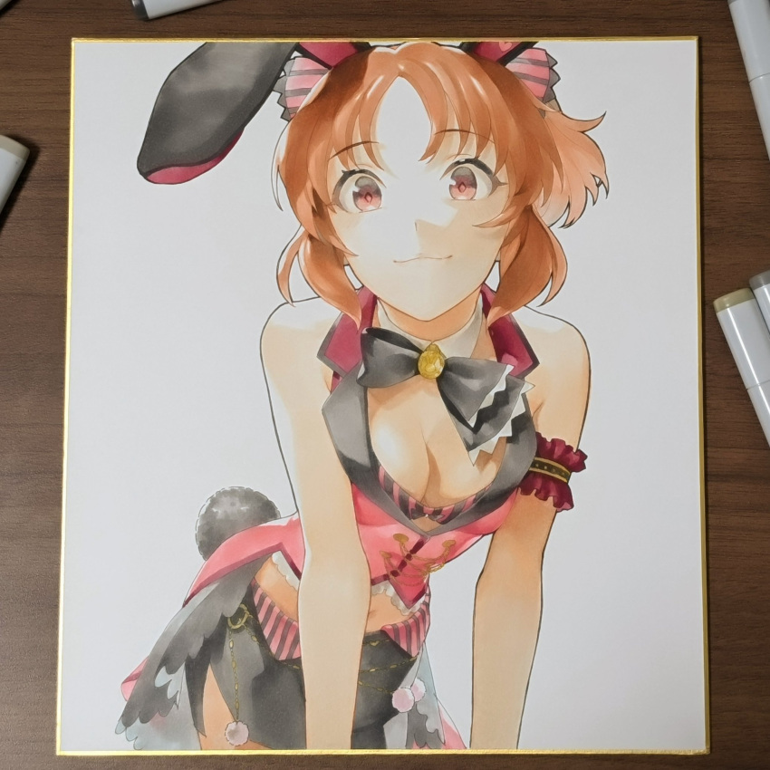 abe_nana animal_ears bow bowtie breasts cleavage crop_top detached_collar fake_animal_ears fake_tail female highres hikonyaaa idolmaster idolmaster_cinderella_girls leaning_forward marker_(medium) navel orange_eyes orange_hair pencil_skirt photo_(medium) ponytail rabbit_ears rabbit_tail skirt small_breasts solo tail traditional_media