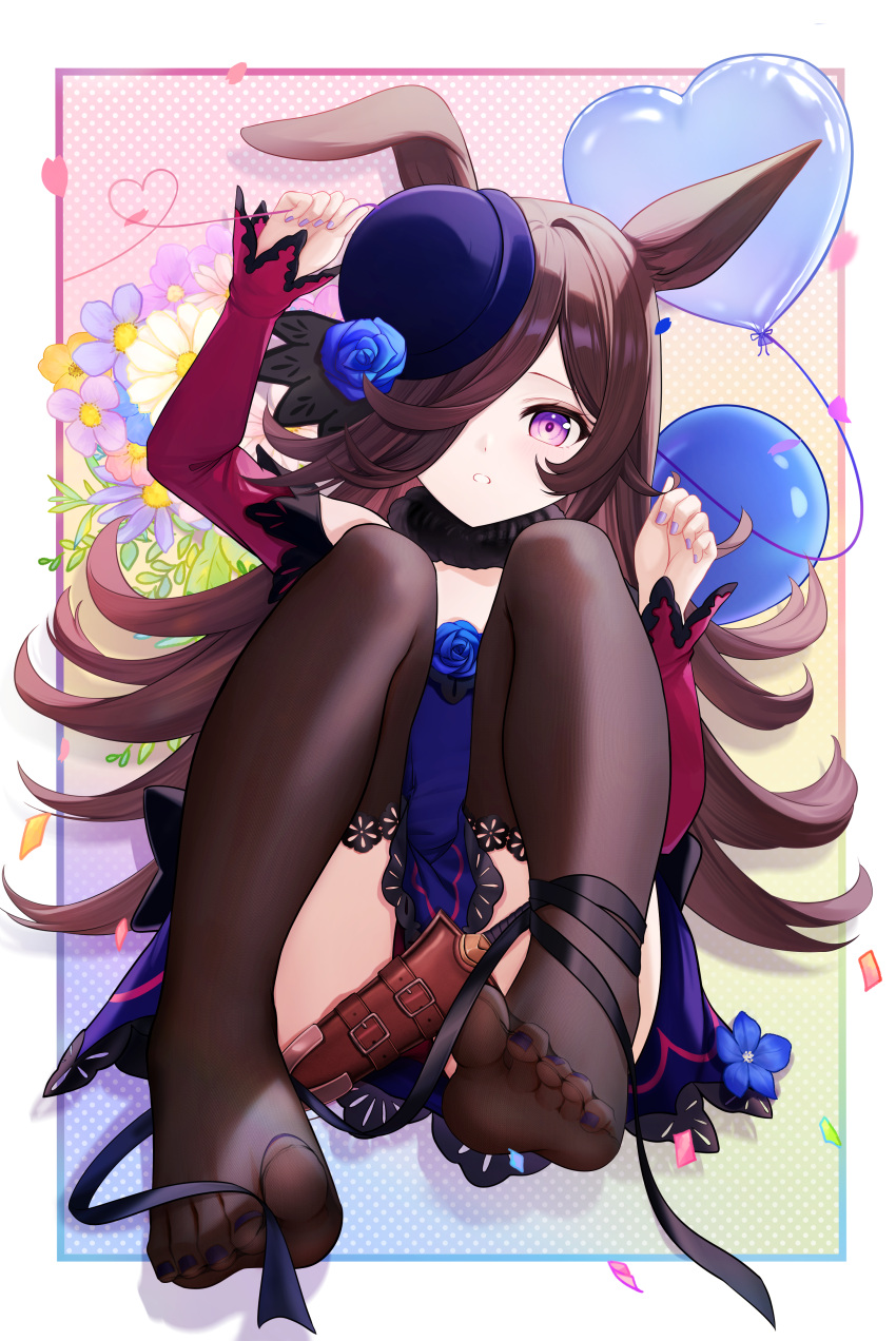 absurdres animal_ears balloon black_ribbon black_thighhighs blue_dress blue_flower blue_rose border brown_hair commentary_request confetti dagger dorsiflexion dress eyelashes feet female flower flower_hat hair_over_one_eye hand_up hat heart_balloon highres horse_ears horse_girl kazamatsuri_honatsu knees_up knife lace-trimmed_dress lace-trimmed_thighhighs lace_trim legs light_blush long_hair long_sleeves looking_at_viewer multicolored_background nail_polish no_shoes parted_lips purple_eyes purple_hat purple_nails red_sleeves ribbon rice_shower_(umamusume) rose sidelocks signature sitting thighhighs thighs toenail_polish toenails toes umamusume weapon white_border