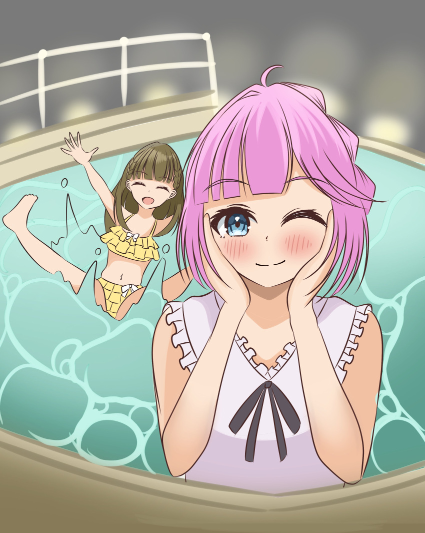 2girls :d ;) ^_^ absurdres ahoge alternate_costume anyoji_hime bikini blue_eyes blunt_bangs braid brown_hair center-flap_bangs closed_eyes closed_mouth clover_kanako commentary dive frilled_bikini frilled_one-piece_swimsuit frills full_body hands_on_own_cheeks hands_on_own_face highres kachimachi_kosuzu link!_like!_love_live! long_hair looking_at_viewer love_live! midriff multi-tied_hair multiple_girls navel one-piece_swimsuit one_eye_closed open_mouth pink_hair ponytail pool short_hair side_ahoge side_braids sidelocks smile split_mouth straight_hair swept_bangs swimsuit upper_body virtual_youtuber white_one-piece_swimsuit yellow_bikini