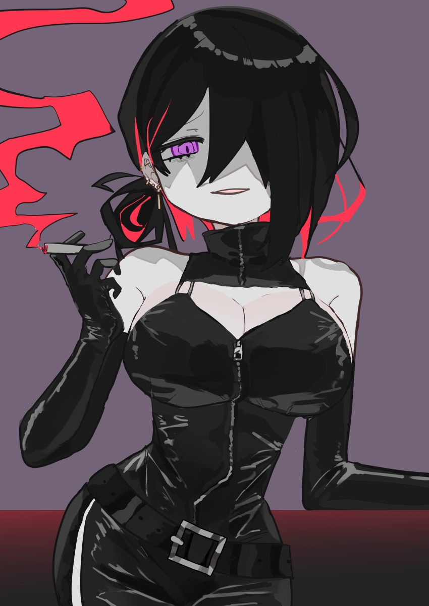 absurdres bare_shoulders belt black_belt black_gloves breasts cigarette cleavage colored_skin earrings elbow_gloves female fumus_(funamusea) funamusea genderswap_(mtf) gloves hair_over_one_eye highres holding holding_cigarette huge_breasts jewelry looking_at_viewer medium_hair oyumeno purple_background purple_eyes rule_63 shirt simple_background sleeveless sleeveless_turtleneck smile smoke smoking solo turtleneck turtleneck_shirt white_skin zipper