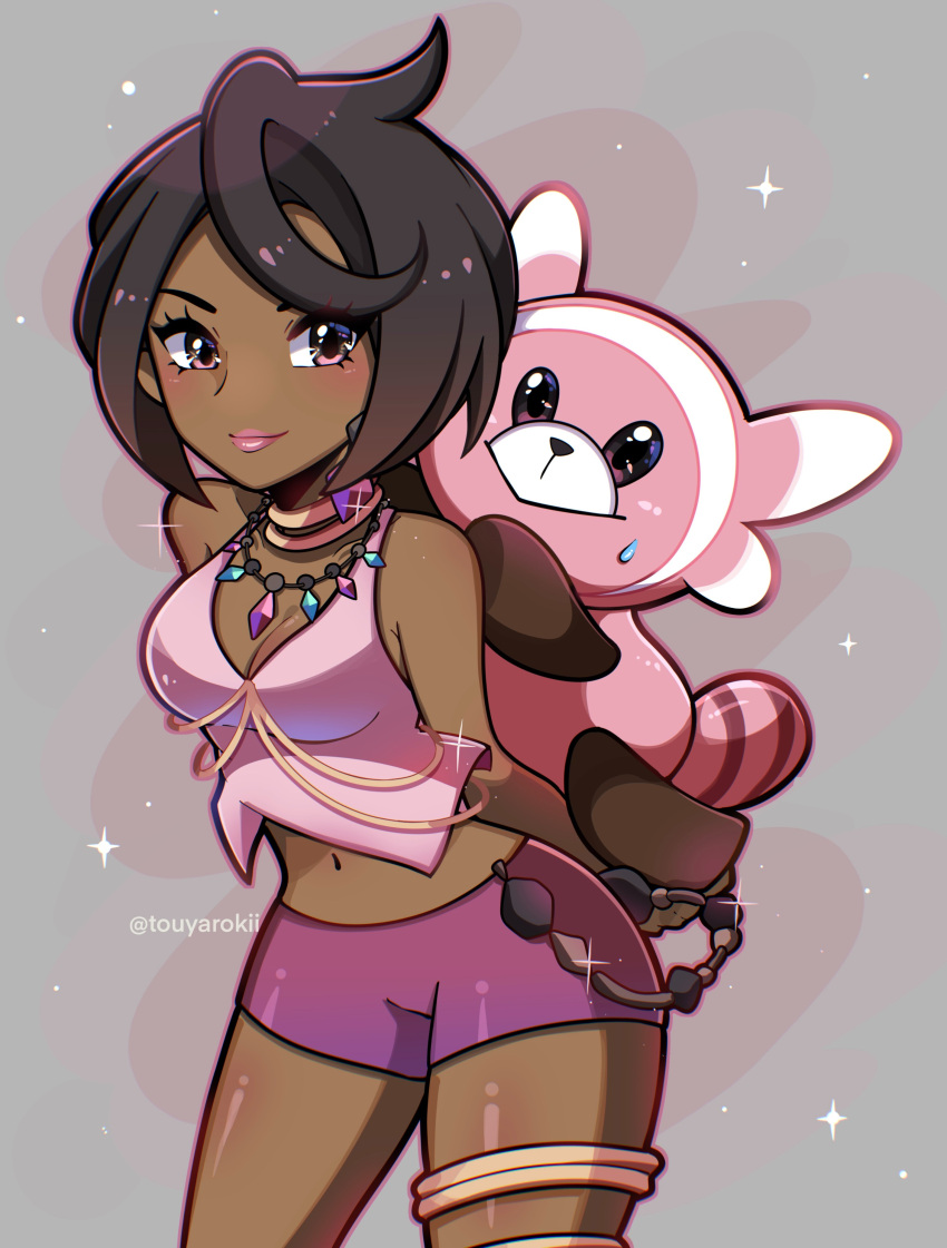 absurdres aqua_gemstone artist_name bare_arms bare_shoulders bead_necklace beads black_hair breasts crop_top dark-skinned_female dark_skin diamond_(gemstone) diamond_(shape) diamond_earrings earrings female halter_shirt halterneck highres jewelry large_teddy_bear midriff navel neck_ring necklace olivia_(pokemon) pink_fur pink_gemstone pink_lips pink_shirt pokemon pokemon_(creature) pokemon_on_back pokemon_sm purple_shorts shirt short_hair shorts smile stufful sweatdrop touyarokii