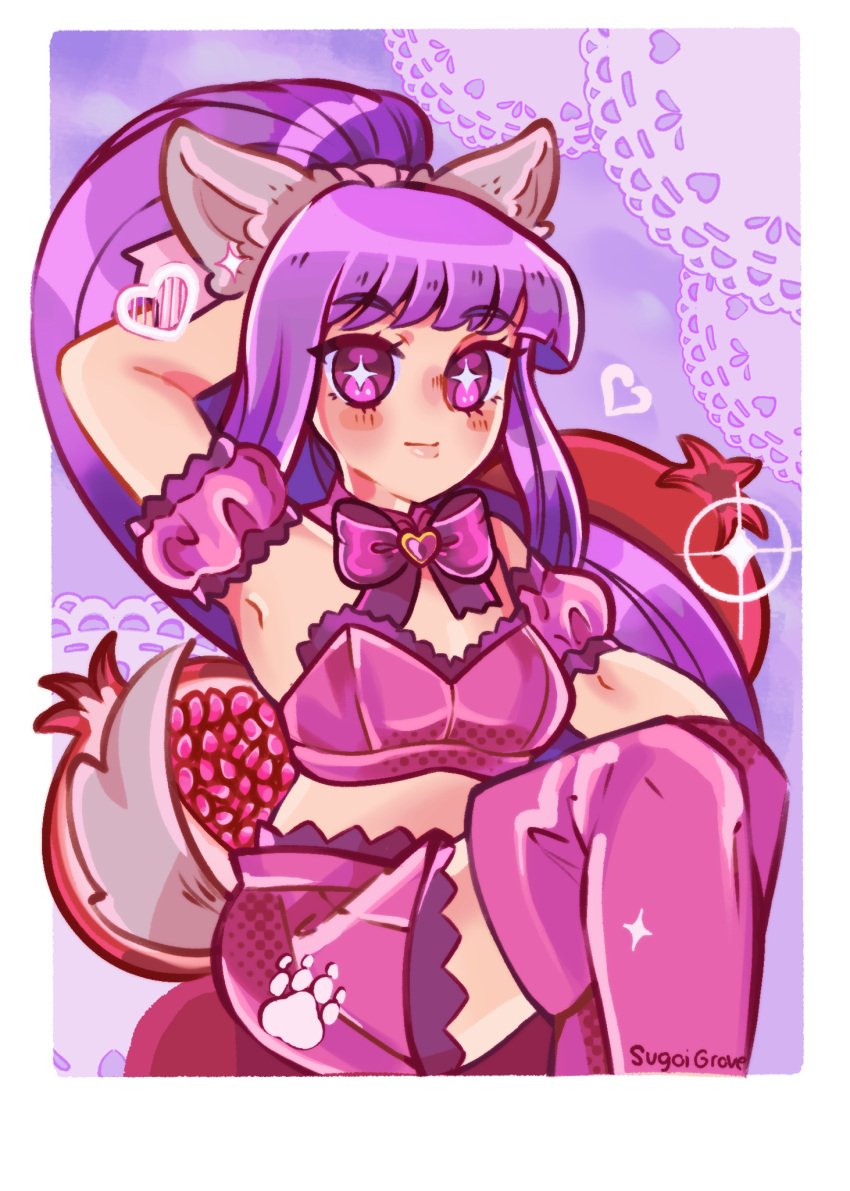 animal_ears arm_up bare_shoulders boots bow breasts bridal_garter choker commentary detached_sleeves english_commentary female food fruit fujiwara_zakuro heart highres long_hair magical_girl mew_zakuro midriff navel pomegranate ponytail puffy_detached_sleeves puffy_sleeves purple_choker purple_eyes purple_hair purple_theme sitting skirt solo strapless sugoigrove tail thigh_boots tokyo_mew_mew very_long_hair wolf_ears wolf_tail