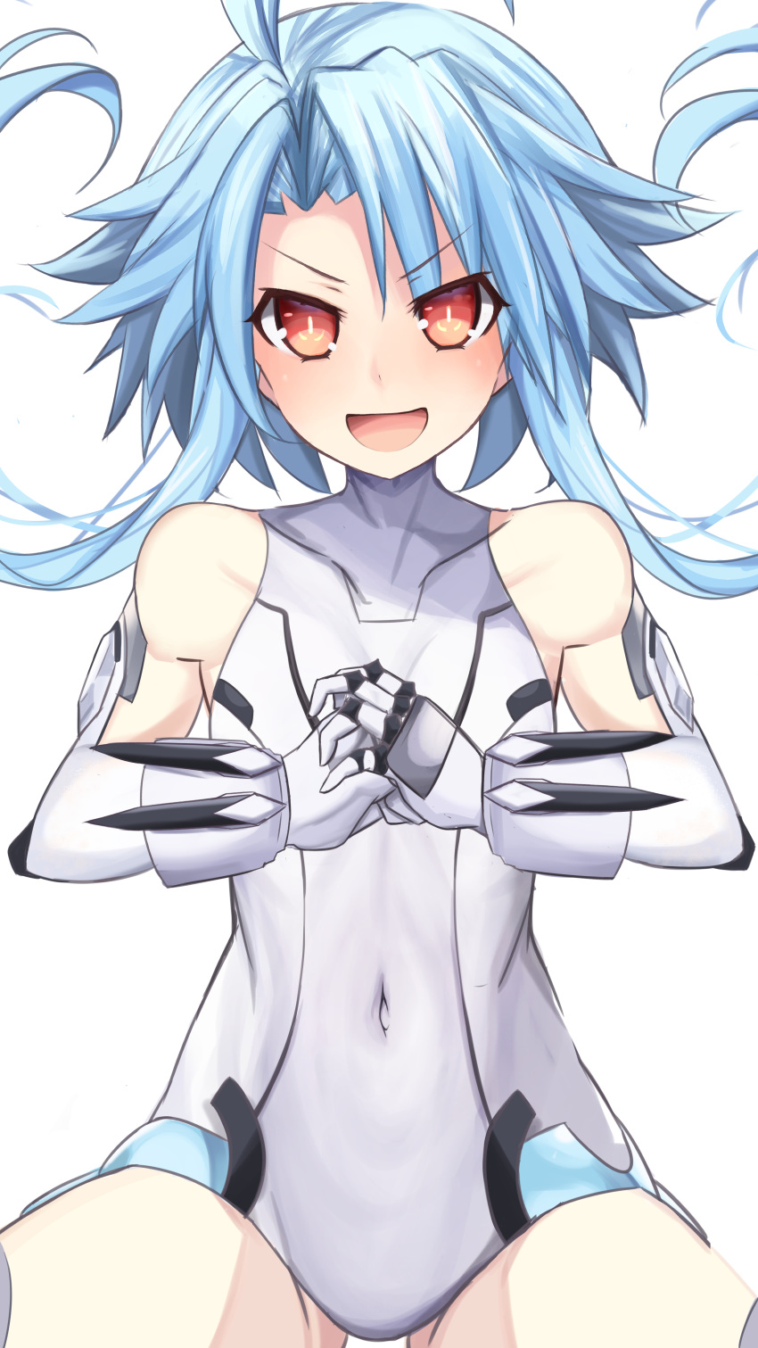 :d absurdres bare_shoulders blue_hair blush breasts commentary_request covered_navel elbow_gloves excited female fist_in_hand gloves hair_over_one_eye highres leotard looking_at_viewer medium_hair misaki_(nounaikakusan) neptune_(series) petite power_symbol red_eyes short_hair_with_long_locks sidelocks skin_tight small_breasts smile solo symbol-shaped_pupils thighs white_gloves white_heart_(neptunia) white_leotard