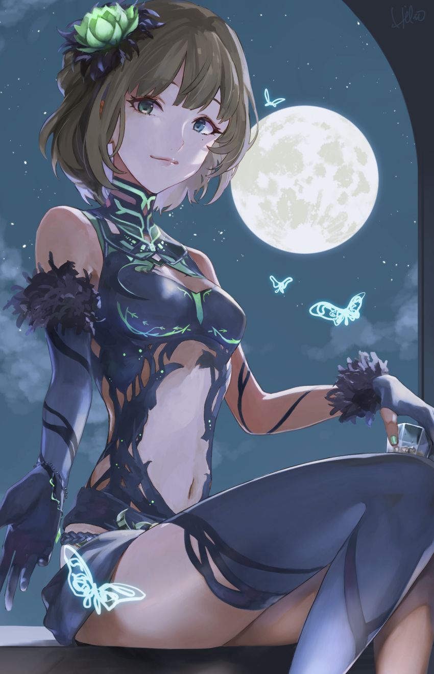 absurdres blue_eyes breasts brown_hair bug butterfly elbow_gloves female flower full_moon gloves green_eyes hair_flower hair_ornament heterochromia highres hikonyaaa idolmaster idolmaster_cinderella_girls looking_at_viewer moon navel night revealing_clothes short_hair sky small_breasts smile solo star_(sky) starry_sky takagaki_kaede thighhighs