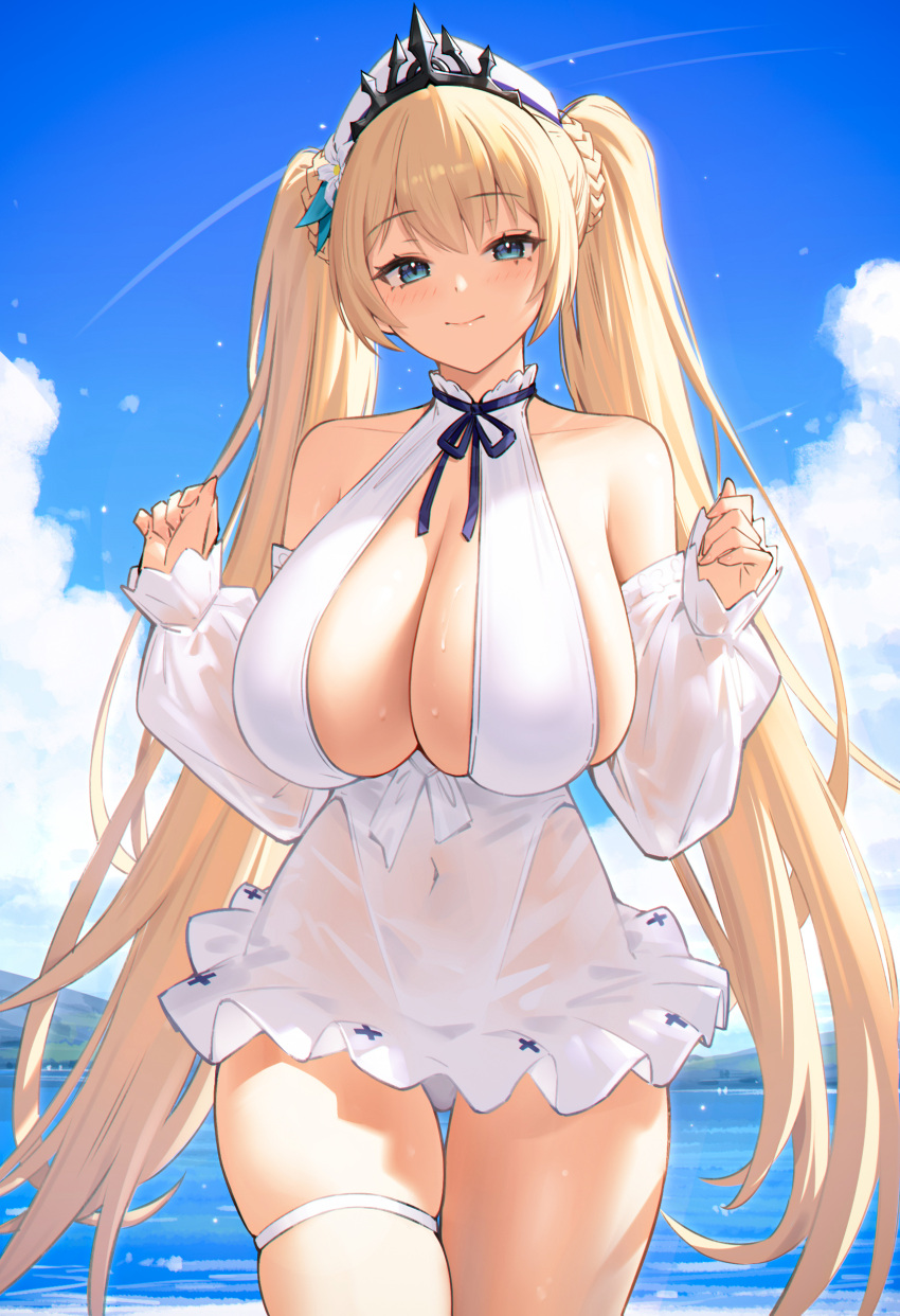 95--- absurdres azur_lane bare_shoulders black_ribbon blonde_hair blue_eyes blue_sky blush braid breasts cleavage closed_mouth cloud cloudy_sky commentary covered_navel cowboy_shot day detached_sleeves dress english_commentary female hands_up highres huge_breasts long_hair looking_at_viewer neck_ribbon ocean official_alternate_costume outdoors painleve_(azur_lane) painleve_(fresh_and_fortunate)_(azur_lane) puffy_sleeves ribbon see-through skindentation sky sleeveless sleeveless_dress smile solo thigh_strap thighs twintails very_long_hair white_dress