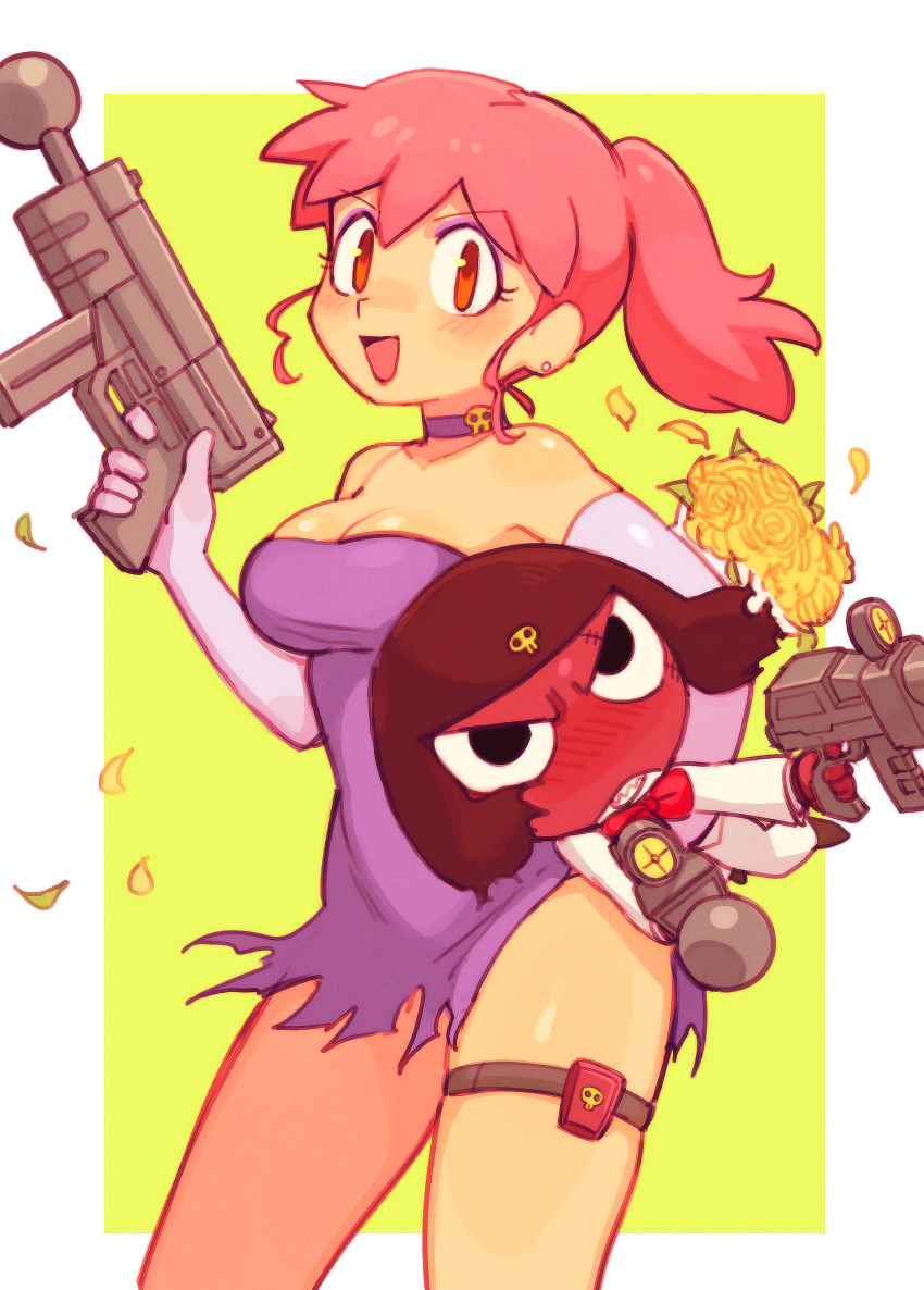 1boy batrobin_k blush bouquet breasts brown_eyes character_request cleavage dress earrings elbow_gloves eyeshadow female flower giroro gloves gun highres hinata_natsumi holding holding_gun holding_weapon jewelry keroro_gunsou large_breasts looking_at_viewer makeup open_mouth pink_hair purple_dress purple_eyeshadow revision short_ponytail smile stud_earrings weapon white_gloves