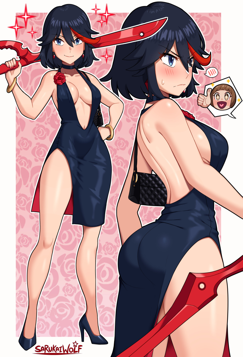 2girls absurdres alternate_costume ass back backless_dress backless_outfit bag bare_shoulders black_dress black_hair blue_eyes blush bracelet breasts choker cleavage corsage dress evening_gown flower full_body handbag high_heels highres holding holding_sword holding_weapon jewelry kill_la_kill mankanshoku_mako matoi_ryuuko medium_hair multiple_girls no_bra over_shoulder photoshop_(medium) plunging_neckline projected_inset rose sarukaiwolf scissor_blade_(kill_la_kill) shoulder_blades sideboob smile speech_bubble standing sword thighs two-sided_fabric weapon weapon_over_shoulder