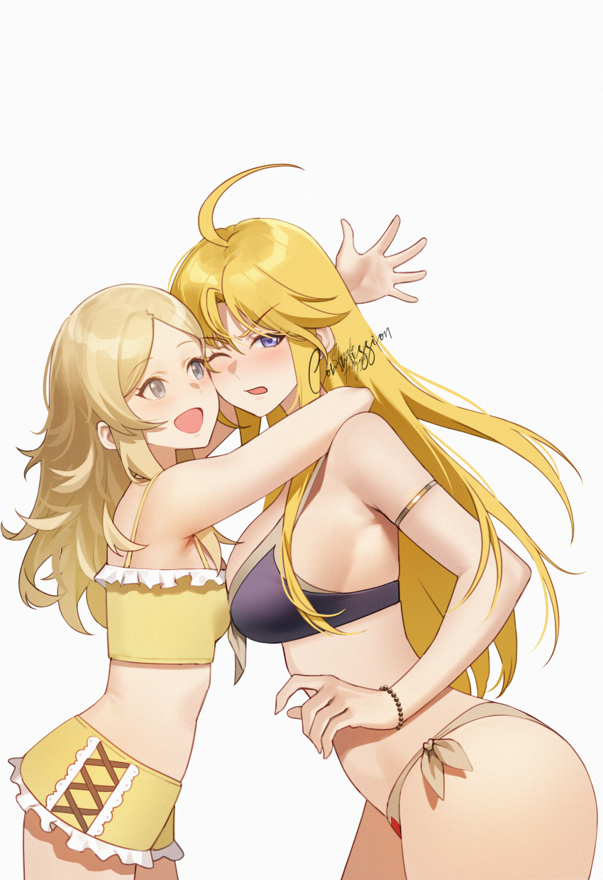 2girls :d absurdres ahoge armlet asymmetrical_docking blonde_hair blush bracelet breast_press breasts commentary_request fire_emblem fire_emblem:_the_blazing_blade fire_emblem_fates fire_emblem_heroes grey_eyes highres hug jewelry large_breasts long_hair louis_(fire_emblem) multiple_girls one_eye_closed ophelia_(fire_emblem) parted_bangs purple_eyes shizuko_hideyoshi simple_background small_breasts smile swimsuit v-shaped_eyebrows white_background