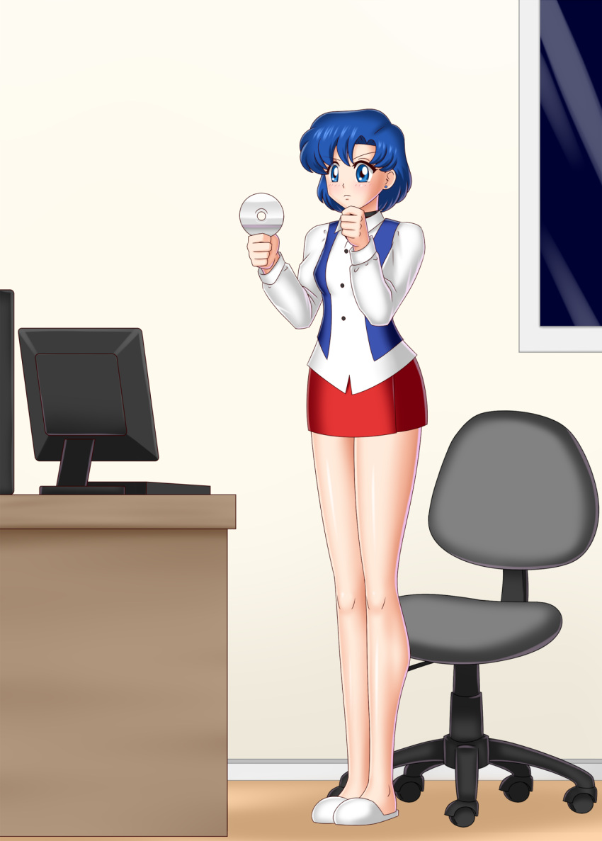 1girls ami_mizuno bishoujo_senshi_sailor_moon blue_eyes blue_hair bluebullpen blush compact_disc computer disk electronics female female_only human long_legs short_hair solo solo_female uniform