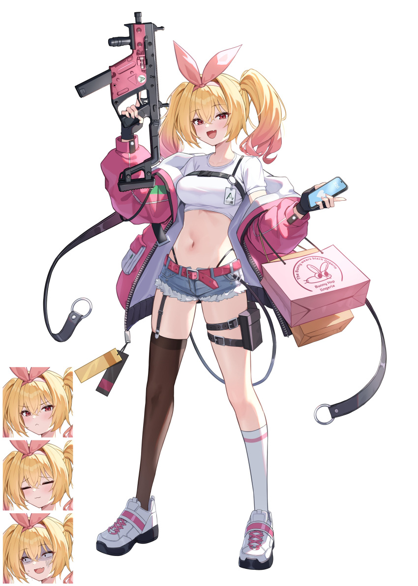 :< :3 =_= absurdres assault_rifle asymmetrical_legwear bag belt belt_pouch black_belt black_gloves black_panties black_thighhighs blonde_hair blue_shorts bow bow_hairband breasts buckle cellphone chest_belt closed_eyes closed_mouth cropped_shirt cross-laced_footwear crossed_bangs cutoffs denim denim_shorts english_text expressions female fingerless_gloves full_body garter_straps gloves gradient_hair gun hair_between_eyes hairband heart highleg highleg_panties highres holding holding_gun holding_phone holding_weapon id_card jacket kneehighs legs_apart light_blush long_sleeves looking_at_viewer looking_to_the_side medium_breasts medium_hair micro_shorts multicolored_hair navel o-ring oerba_yun_fang off_shoulder open_clothes open_jacket open_mouth original panties panty_straps phone pink_belt pink_bow pink_hair pink_hairband pink_jacket pouch puffy_long_sleeves puffy_sleeves rahy rifle shoes short_sleeves shorts simple_background single_garter_strap single_sock single_thighhigh skin_fang smartphone smile snap-fit_buckle sneakers socks standing string_panties tag thigh_belt thigh_strap thighhighs trigger_discipline turn_pale twintails two-tone_hair underwear uneven_legwear v-shaped_eyebrows vertical_foregrip weapon white_background white_footwear white_socks